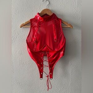 Red Hot Latex Crop | Mesh Lace-Up Corset Halter | Size Small